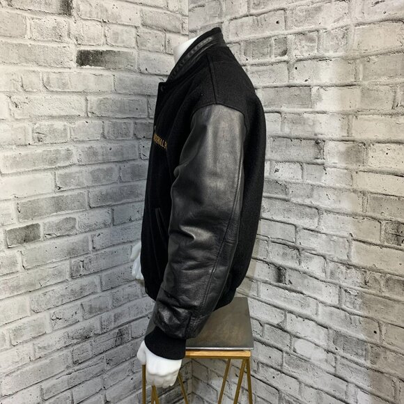 Vintage Varsity Bomber Jacket Mens L Black Wool Leather Letterman National Post - Picture 6 of 15